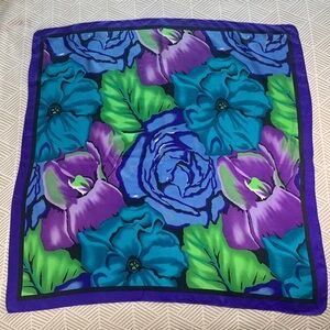 Ellen Tracy silk scarf blue purple and green floral print 34” square